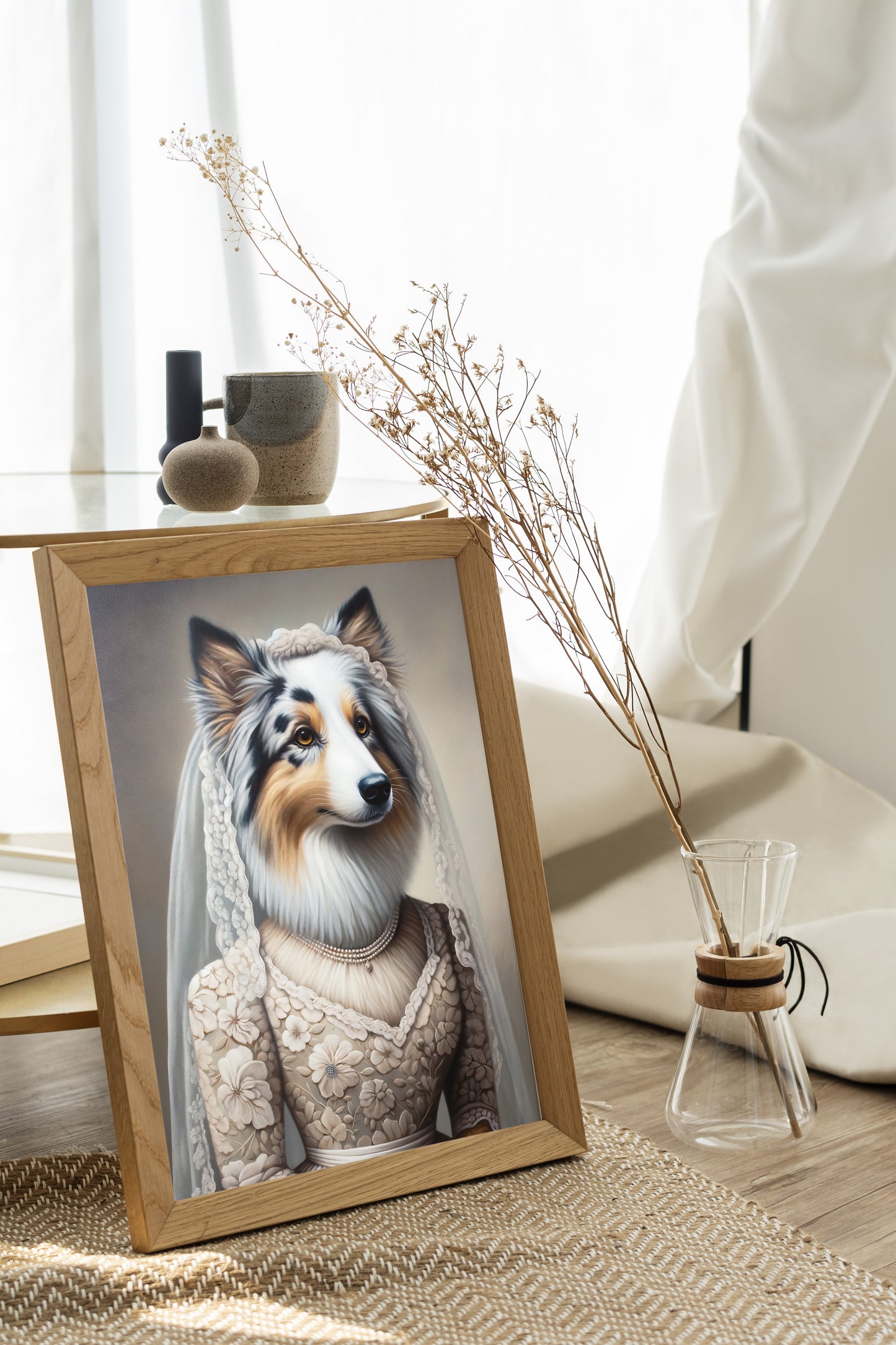 Australian Shepherd Poster in Wedding Dress - Funny Dog Bride Wall Art Decor - Unique Gift Frame