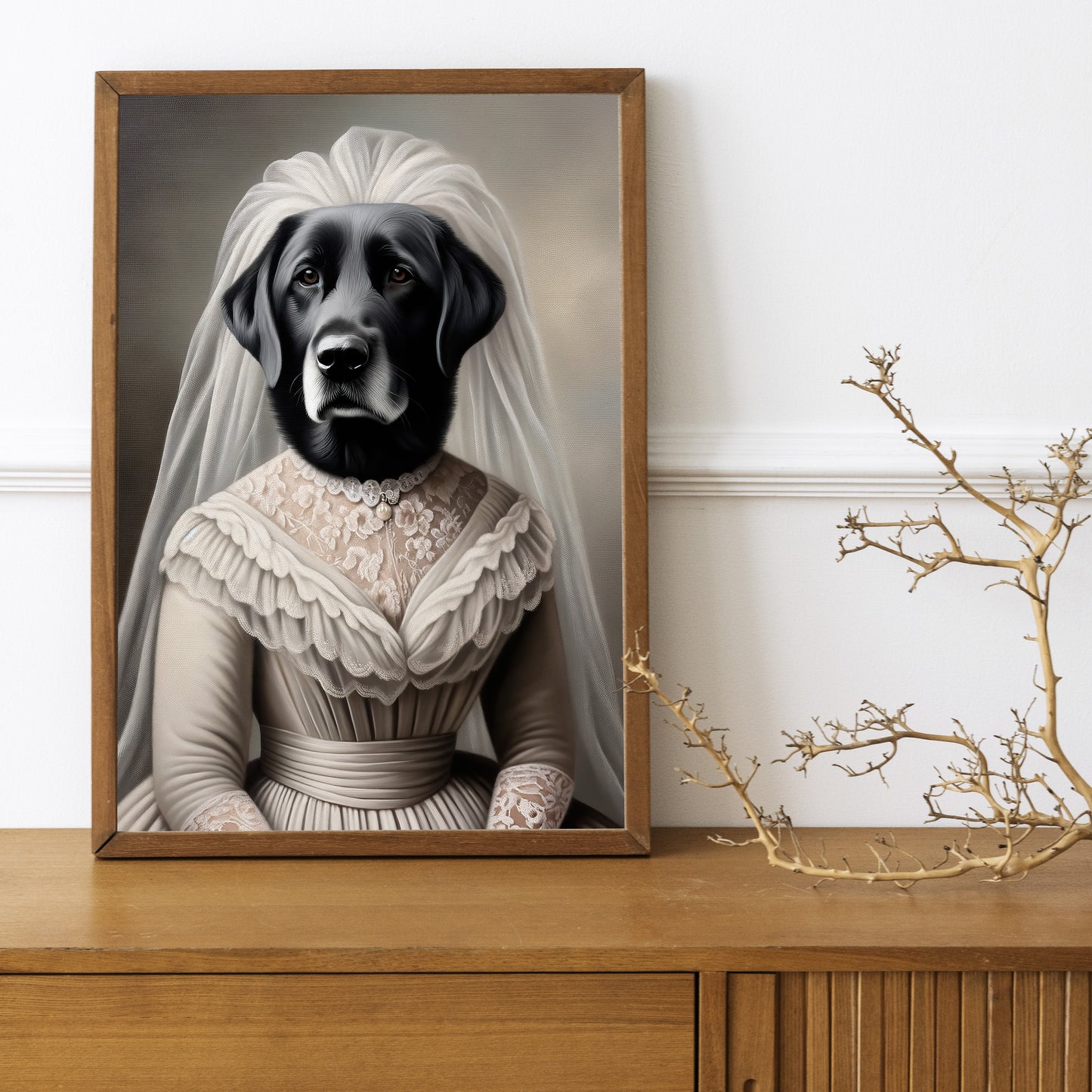 Poster Chien Mariage - Labrador Noire en Robe de Mariée, Affiche Murale Animaux, Décoration Murale Humoristique