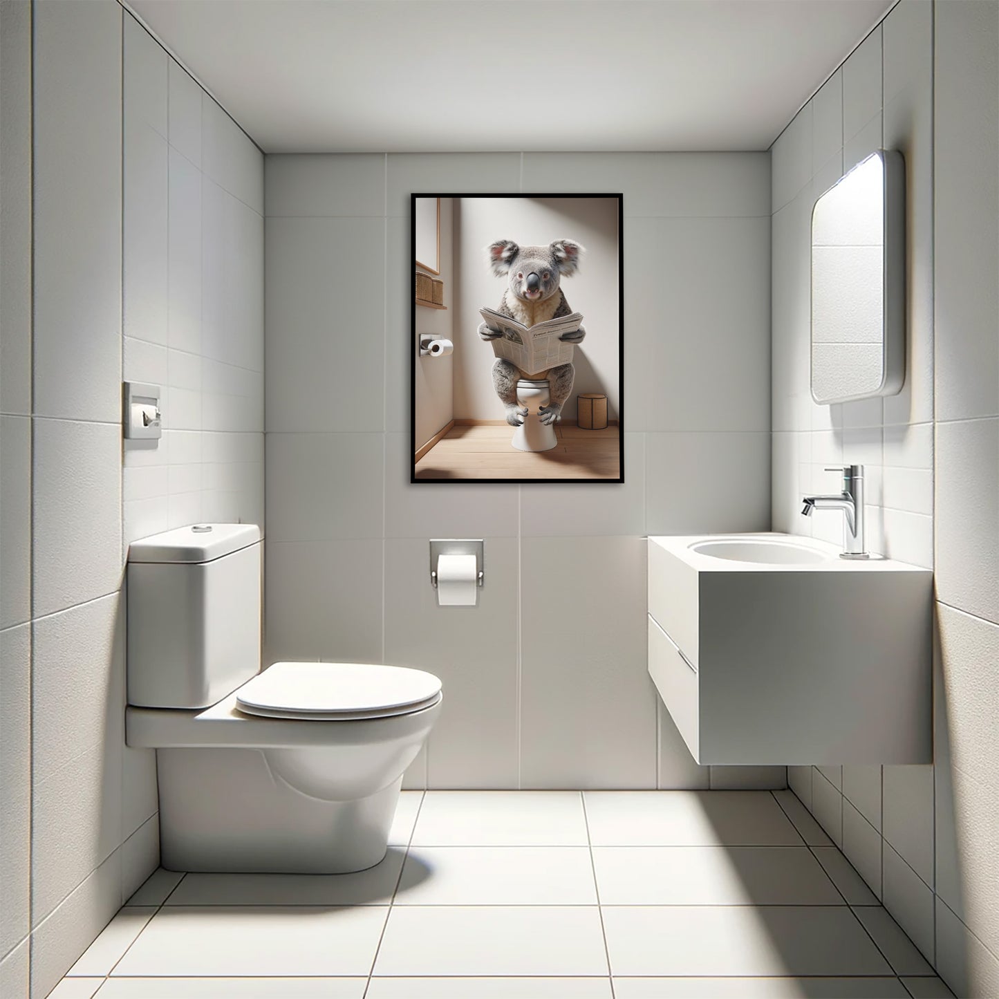 Funny Koala Reading Newspaper on Toilet Poster - Quirky Bathroom Wall Art Décor - Unique Gag Gift