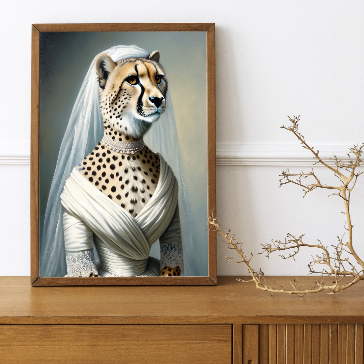 "Cheetah in Wedding Dress Poster - Funny Animal Wall Art - Unique Bride Decor - Perfect Gift for Home or Office"