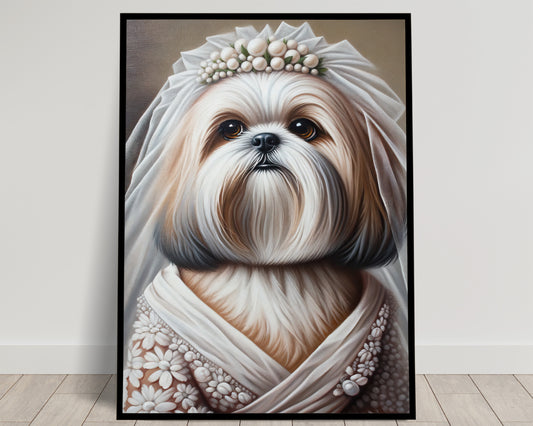 Poster Chiot Shih Tzu en Robe de Mariée | Déco Murale Animaux | Affiche Mariage Humoristique