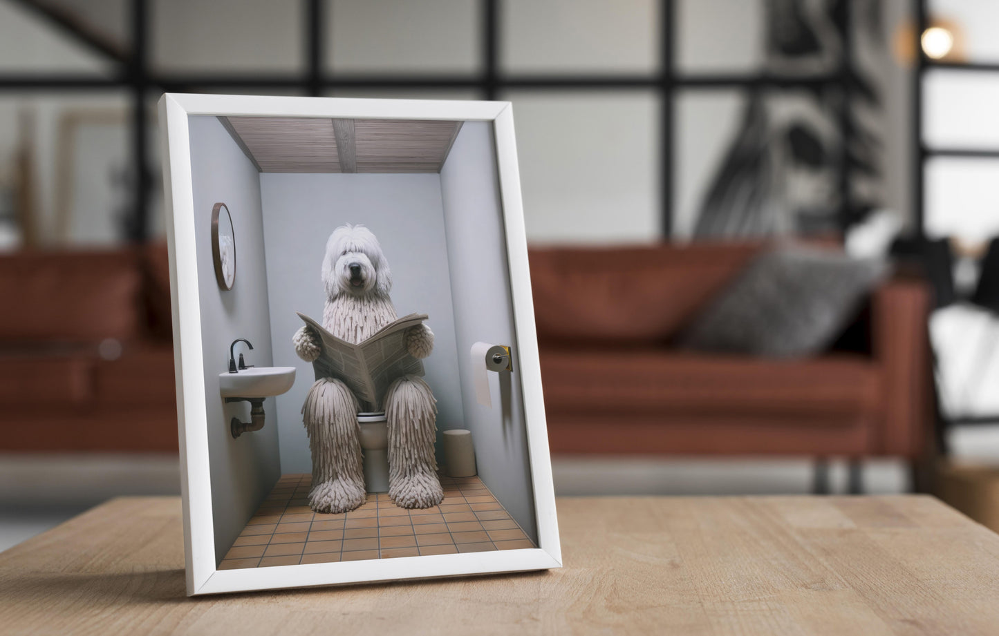 "Komondor Dog Reading Newspaper Poster - Funny Bathroom Decor Wall Art | Humorous WC Toilet Gag Gift"