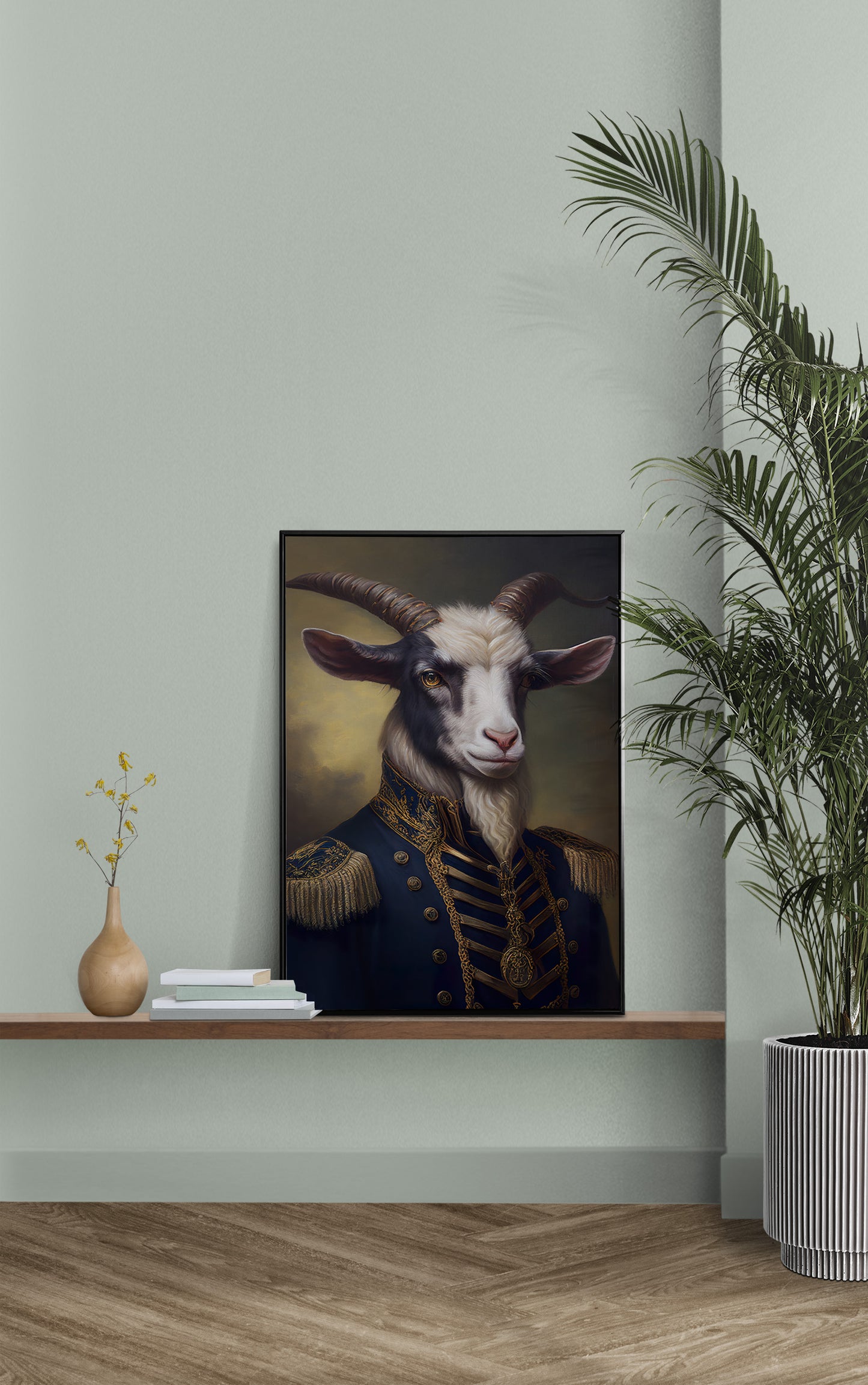 "Goat in Military Uniform Poster - Unique Animal Wall Art Decoration for Framing - Heroic Goat Portrait"