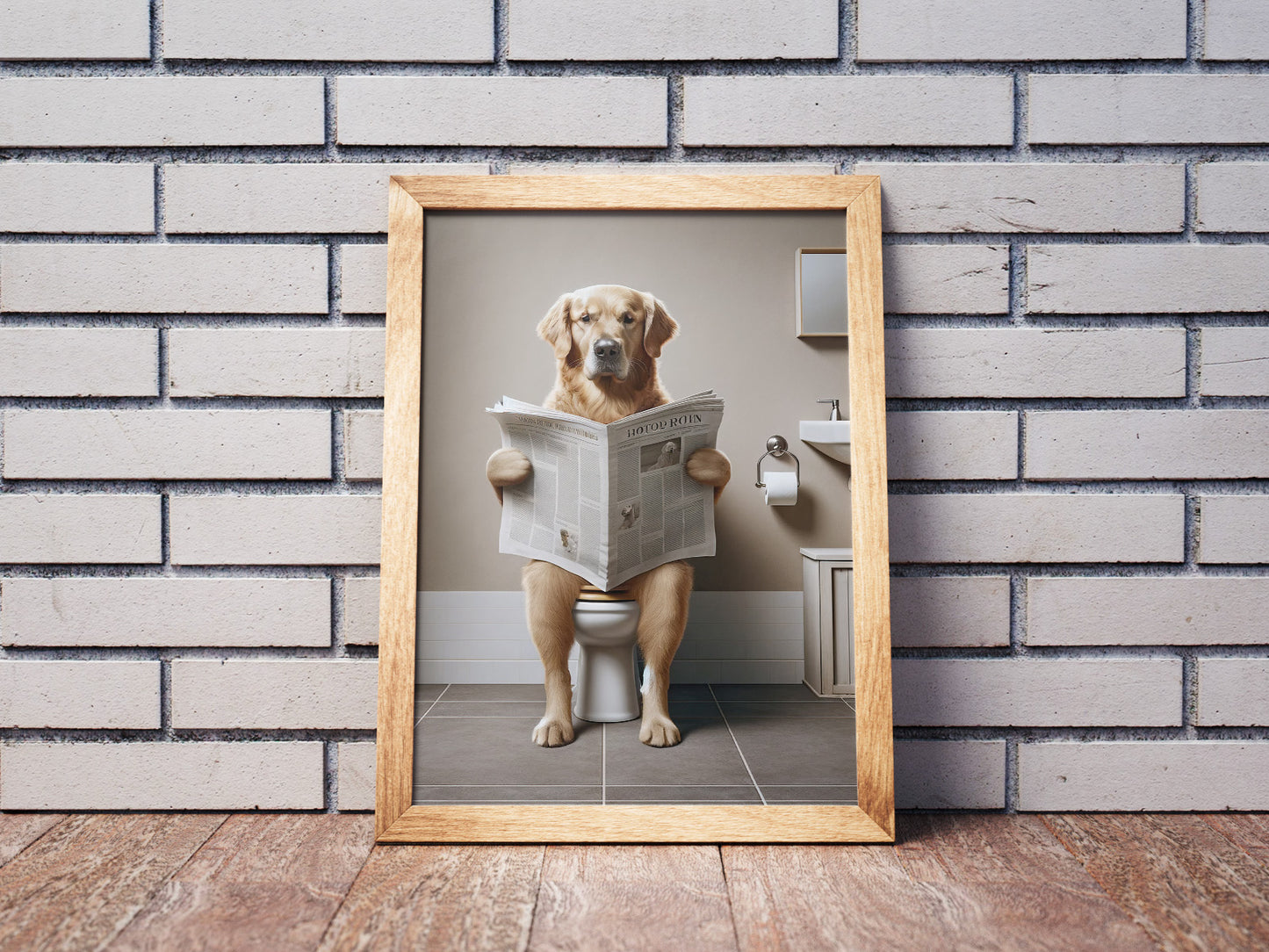 Poster Golden Retriever lisant le journal, Déco Humour pour WC, Cadre Salle de bain, Cadeau Original et Amusant