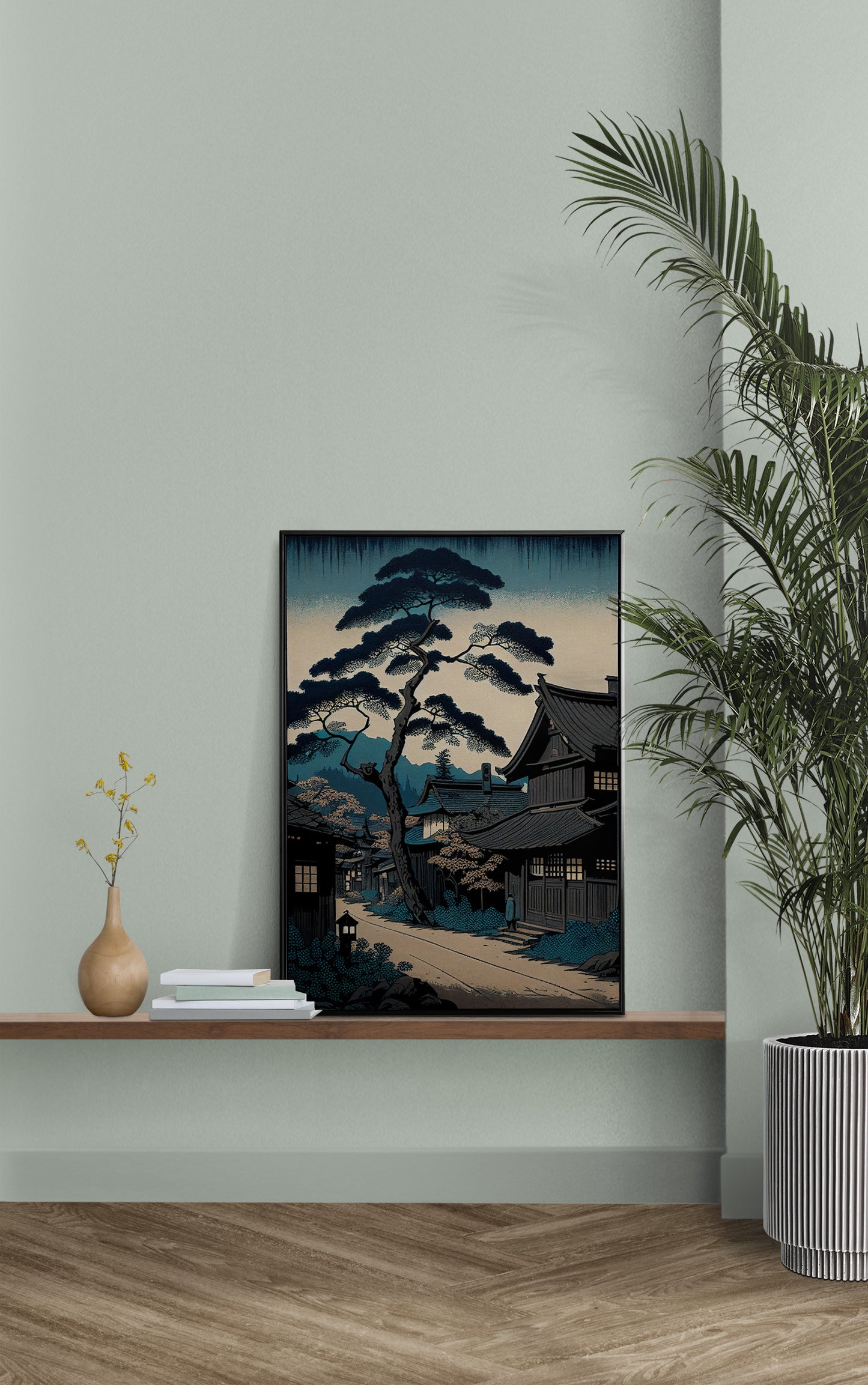 Affiche Murale Village Japonais Bleu - Poster Ukiyo-e Japon, Art Japonais Traditionnel, Impression Village Asiatique