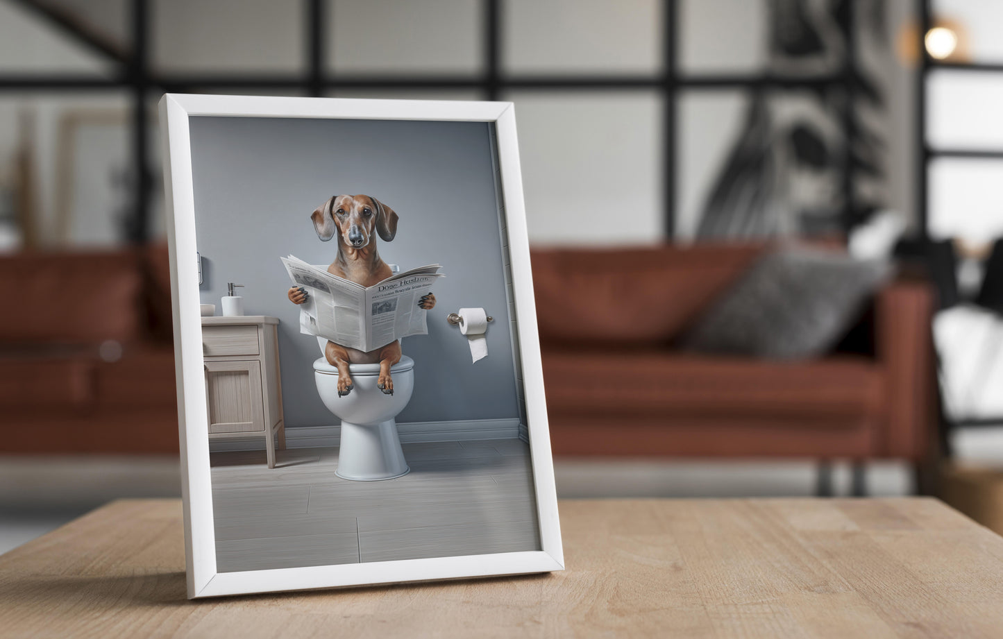 Funny Dachshund Reading Newspaper Poster - Unique Bathroom Wall Art - Perfect Gift for Toilet Decor