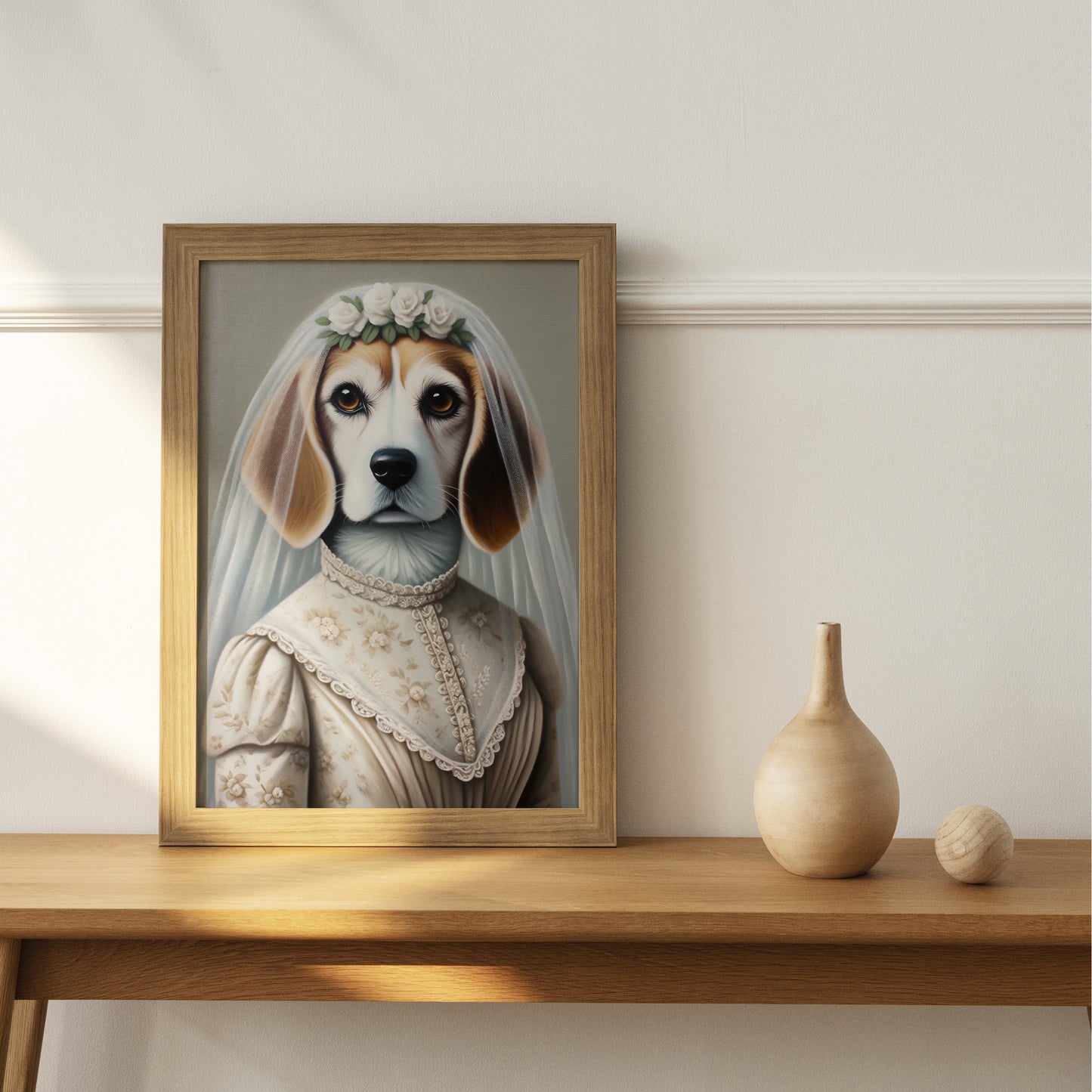 Portrait de Beagle en Mariée, Poster Déco Murale Animaux, Affiche Beagle Mariage, Cadre Humoristique