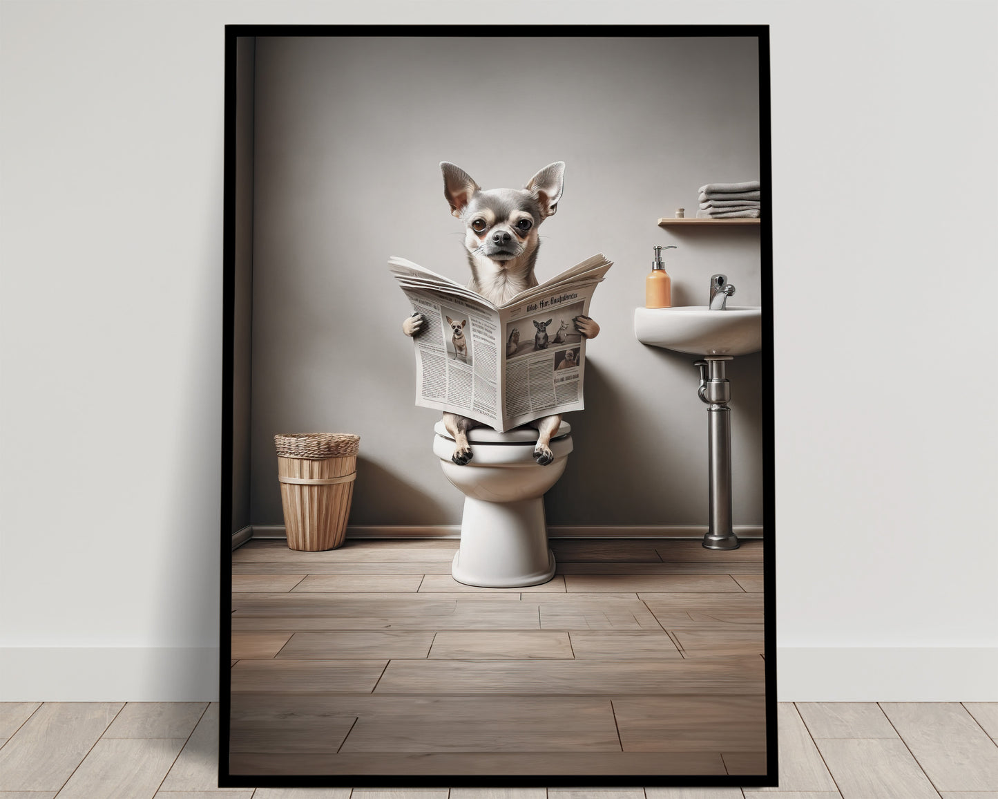 Poster Humoristique : Chihuahua Lisant sur Toilettes, Décoration Salle de Bain, Cadre Déco WC, Cadeau Amusant