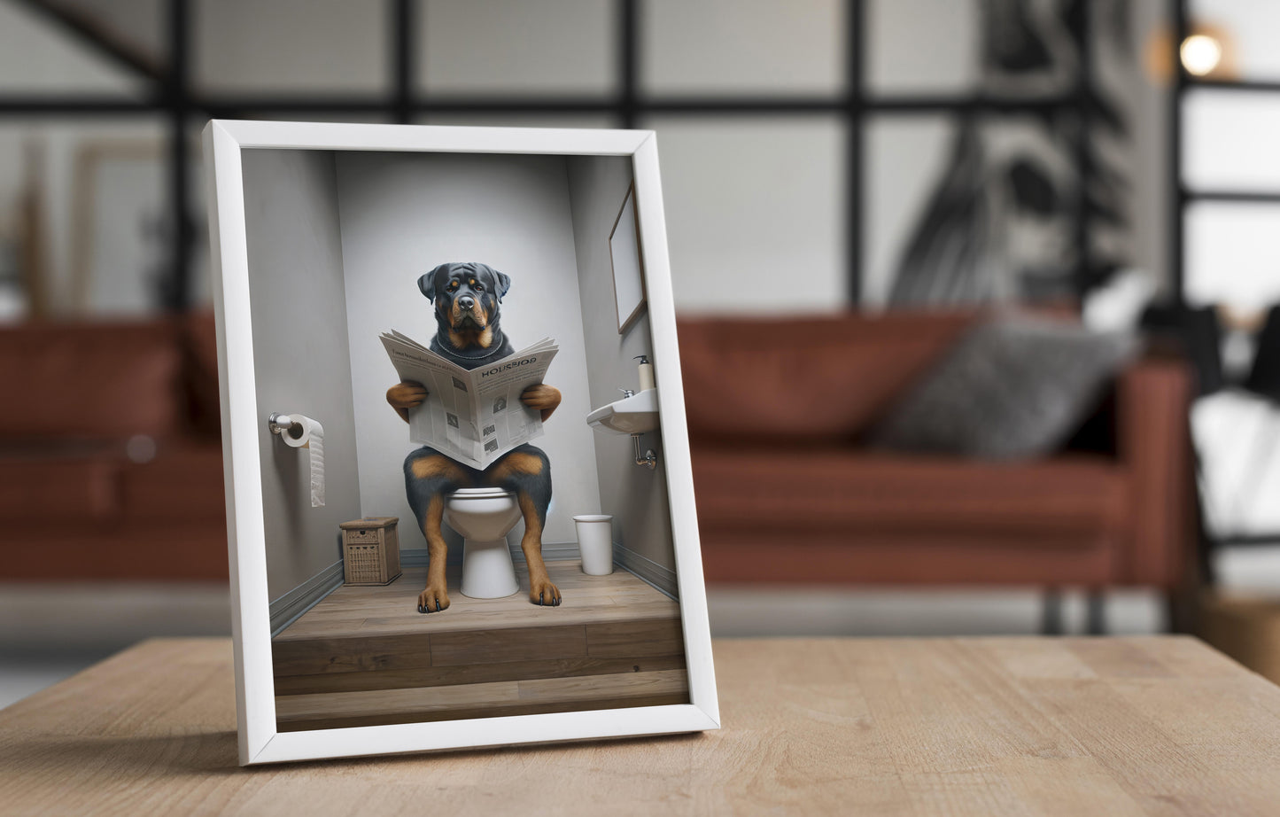 Rottweiler on Toilet Reading Newspaper Poster - Fun Bathroom Wall Art, Unique WC Decor, Humorous Gift