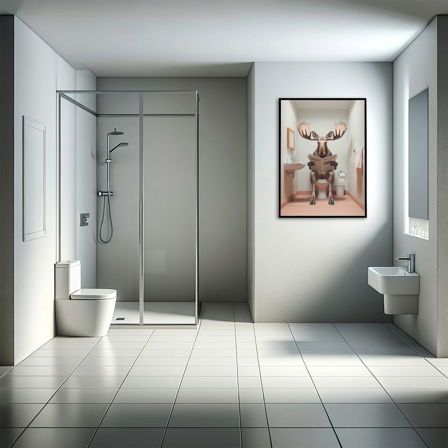 Poster Élan lisant le journal, Décoration Humour WC, Cadre Salle de bain, Art Toilettes, Idée Cadeau Amusant