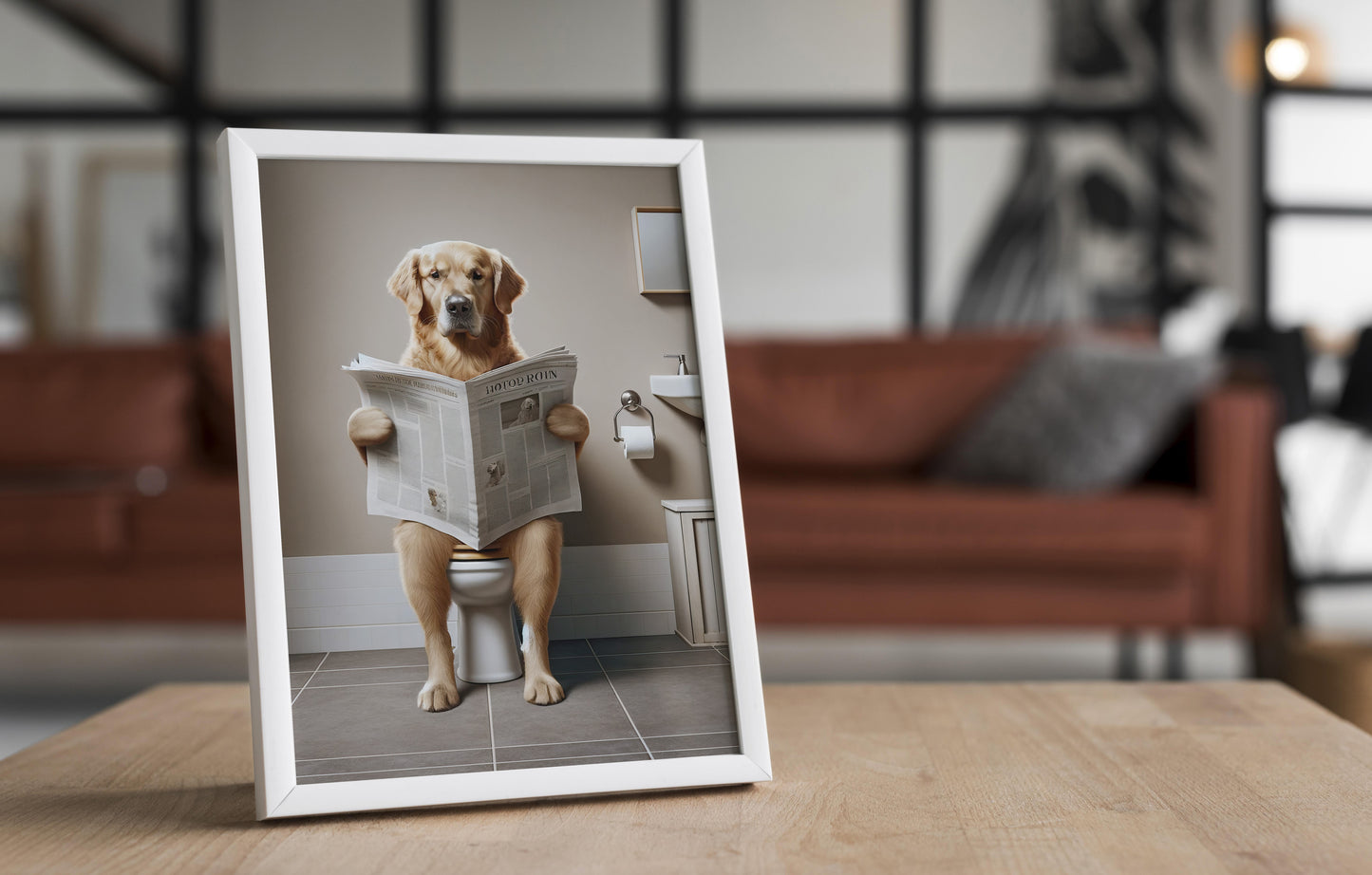 Golden Retriever Reading Newspaper Toilet Poster – Fun Bathroom Decor, Wall Art, Gag Gift for WC