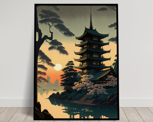 Poster Temple Japonais au Lever du Soleil - Décoration Murale Asiatique - Art Nippon