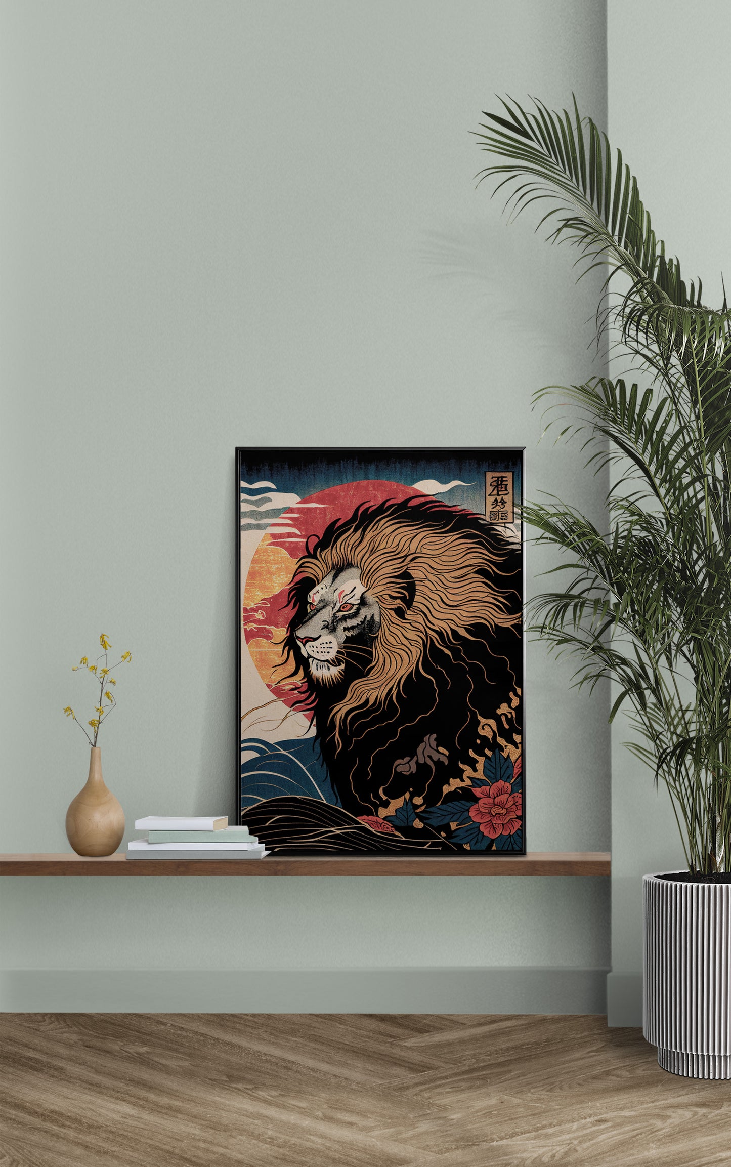 Poster Lion, Illustration art japonais, Impression Ukiyo-e, Affiche murale décorative Lion, Art mural Japonais