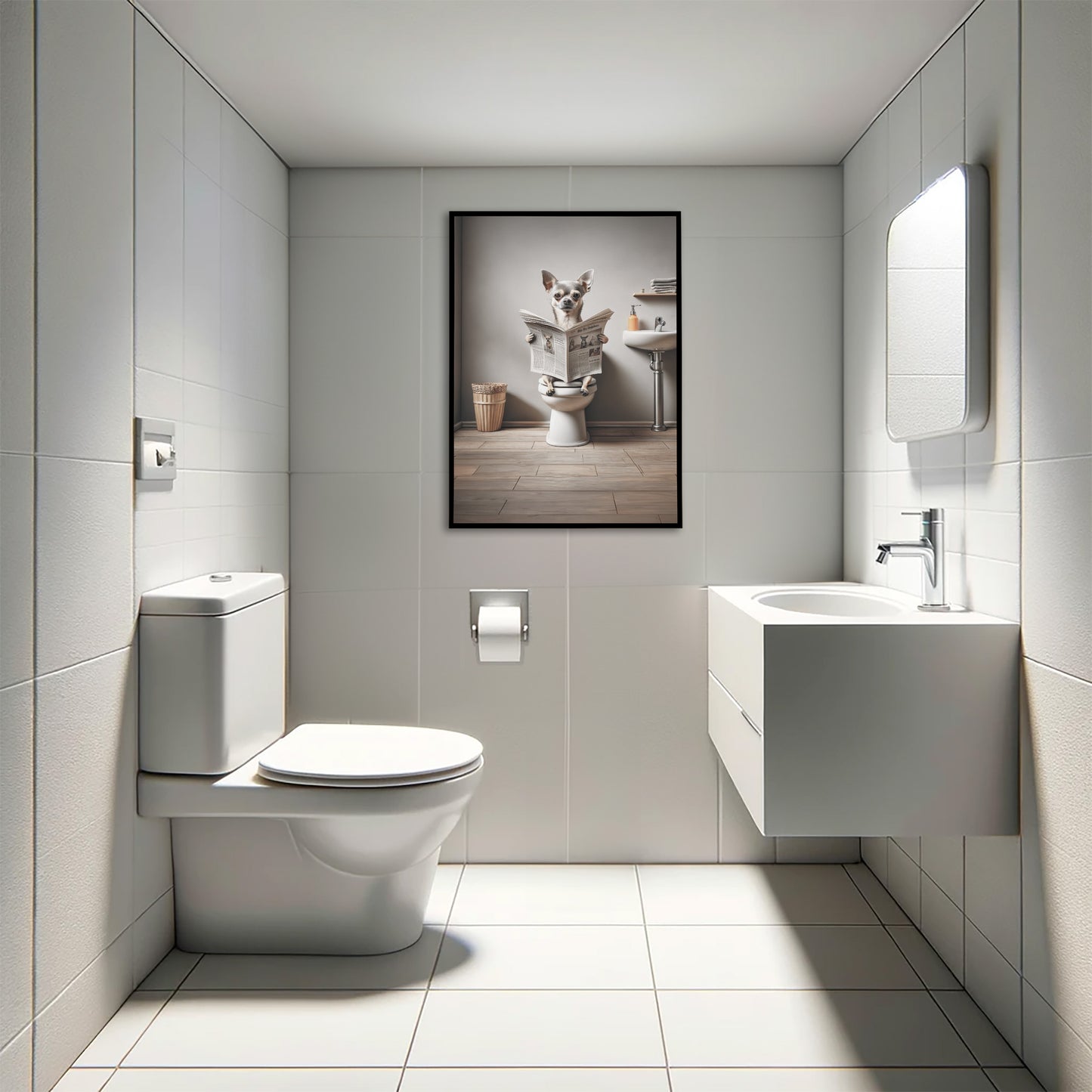 Poster Humoristique : Chihuahua Lisant sur Toilettes, Décoration Salle de Bain, Cadre Déco WC, Cadeau Amusant