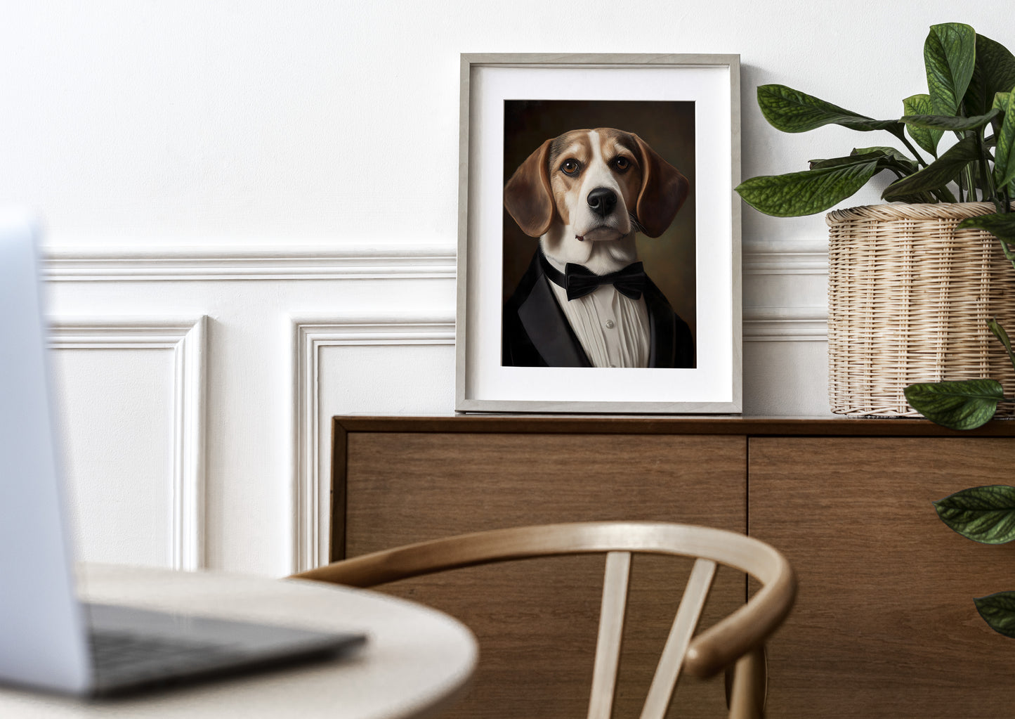 Poster portrait Beagle en smoking - Art mural chien élégant, Décoration mur drôle, Impression motif Tuxedo