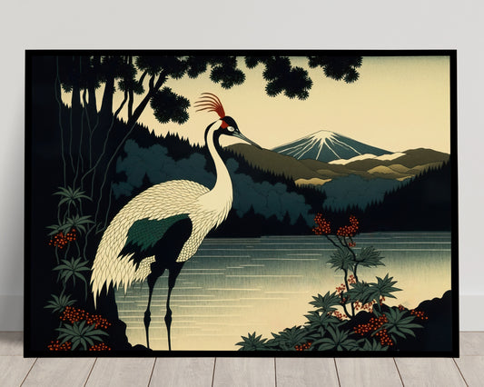 Poster Murale Grue du Japon au Coucher de Soleil, Art Japonais, Déco Murale Asiatique avec Lac et Montagne, à Encadrer