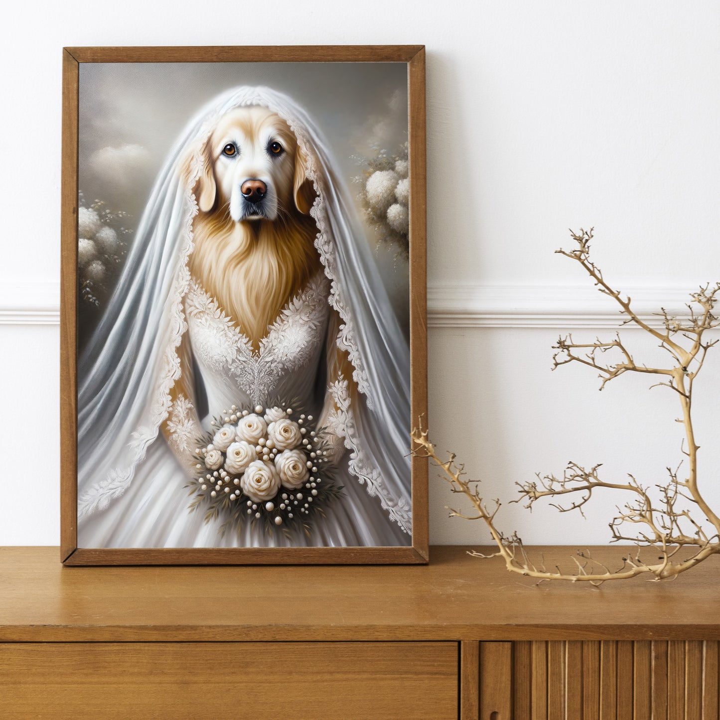 Poster Décoration Murale Chien Mariage - Golden Retriever en Robe de Mariée - Affiche Murale Animaux Humour