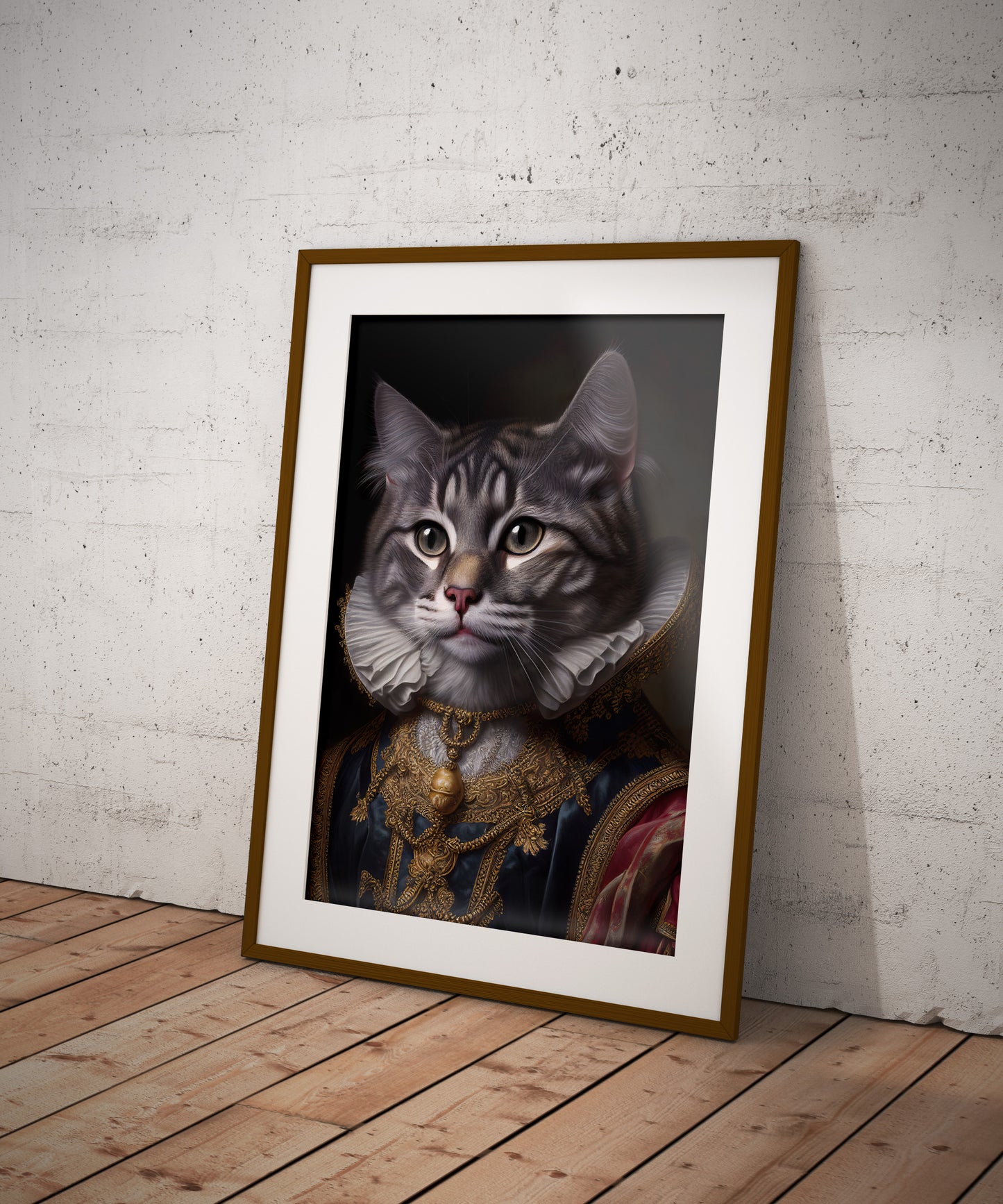 Poster à encadrer : Chat gris noble style baroque, Décoration murale féline, Affiche artistique d'animaux