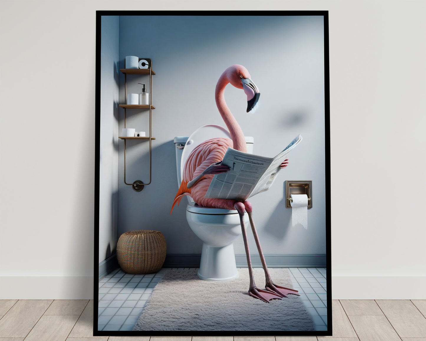 Poster Flamant Rose Original lisant le journal, Décoration Humour WC, Cadre Salle de Bain, Idée Cadeau Fun