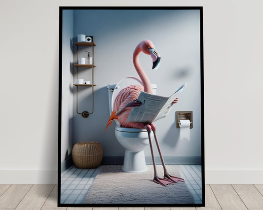 Poster Flamant Rose Original lisant le journal, Décoration Humour WC, Cadre Salle de Bain, Idée Cadeau Fun