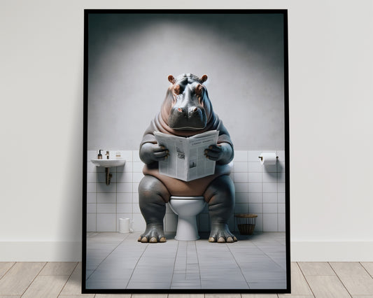 "Funny Hippo Reading Newspaper Bathroom Wall Art - Unique Toilet Poster for Bathroom Decor - Perfect Gift"