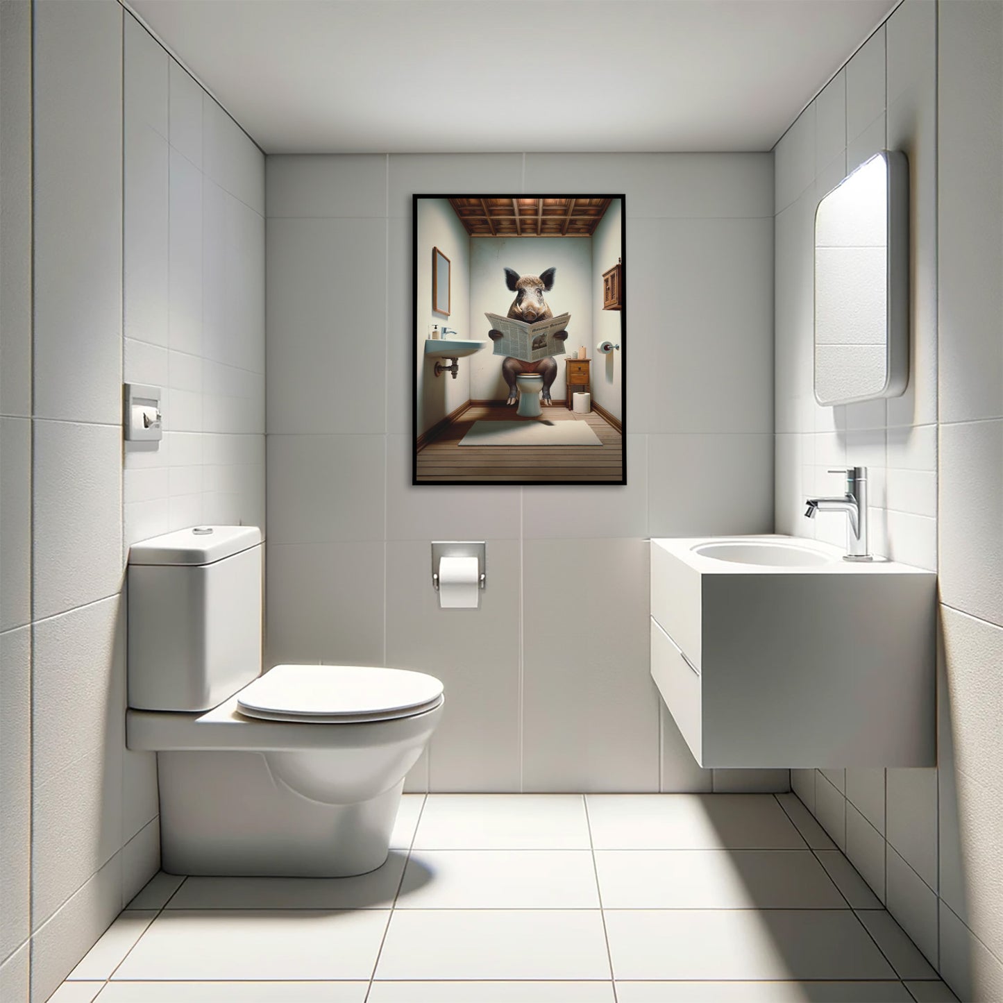 Quirky Boar Reading Newspaper Bathroom Wall Art - Funny WC Toilet Poster & Unique Gag Gift Decor