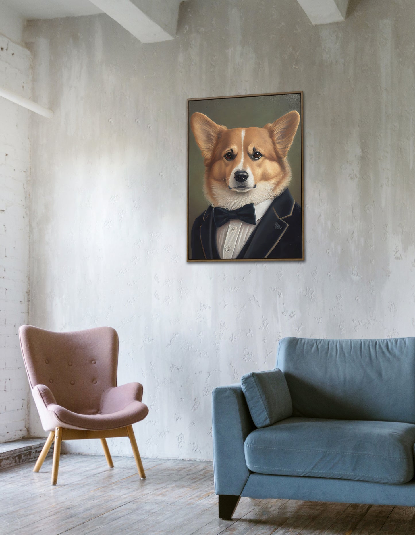 Poster chien corgi en smoking, décoration murale élégante, affiche chiot stylé, art mural animaux