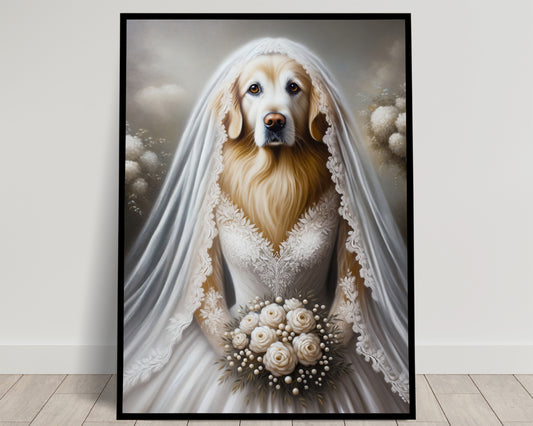 Poster Décoration Murale Chien Mariage - Golden Retriever en Robe de Mariée - Affiche Murale Animaux Humour