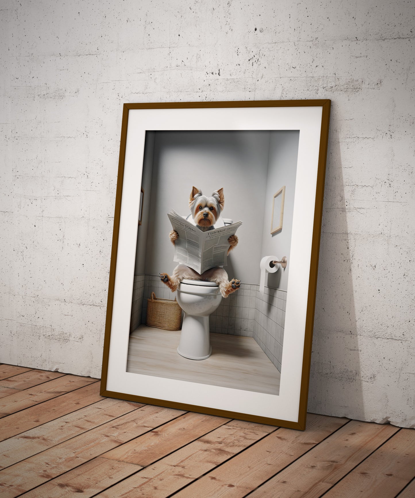 Funny Yorkshire Terrier Toilet Poster - Unique Bathroom Wall Art - WC Décor - Humorous Gift Idea - Reading Newspaper