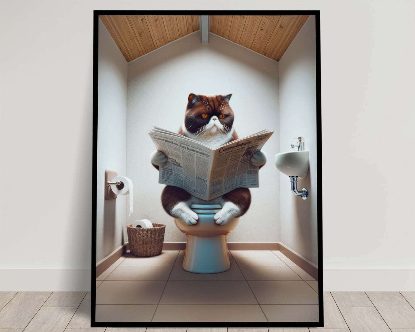 Affiche Humour Chat Exotic Shorthair Blanc et Chocolat aux Toilettes, Décoration WC & Salle de Bain, Idée Cadeau Originale