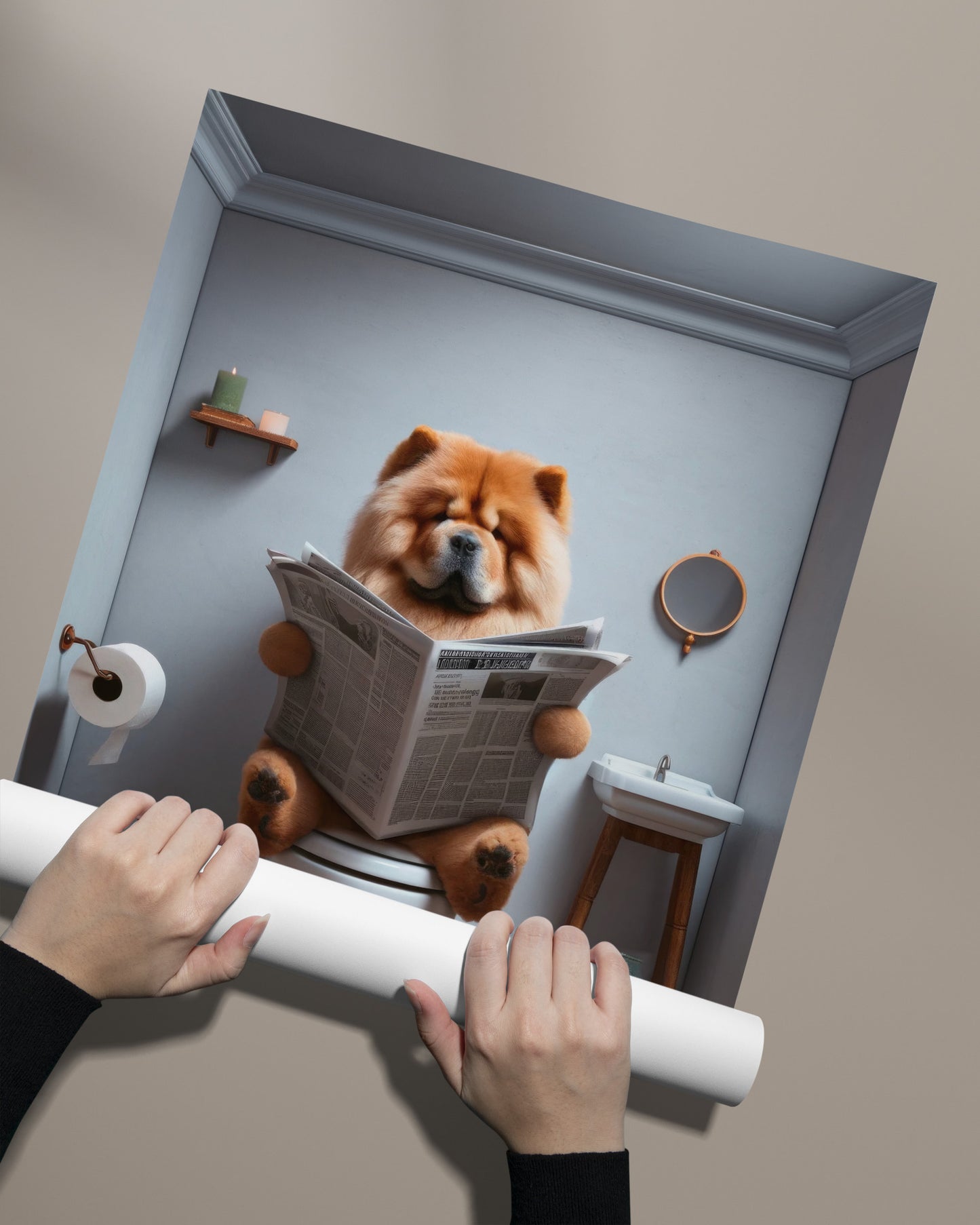 Poster Humoristique de Chow Chow lisant le journal, Déco WC Amusante, Cadre Salle de Bain, Cadeau Fun Chien