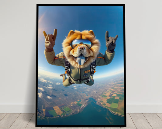 Affiche murale Chow-chow en chute libre - Poster chien parachute, déco sport extrême, idée cadeau unique