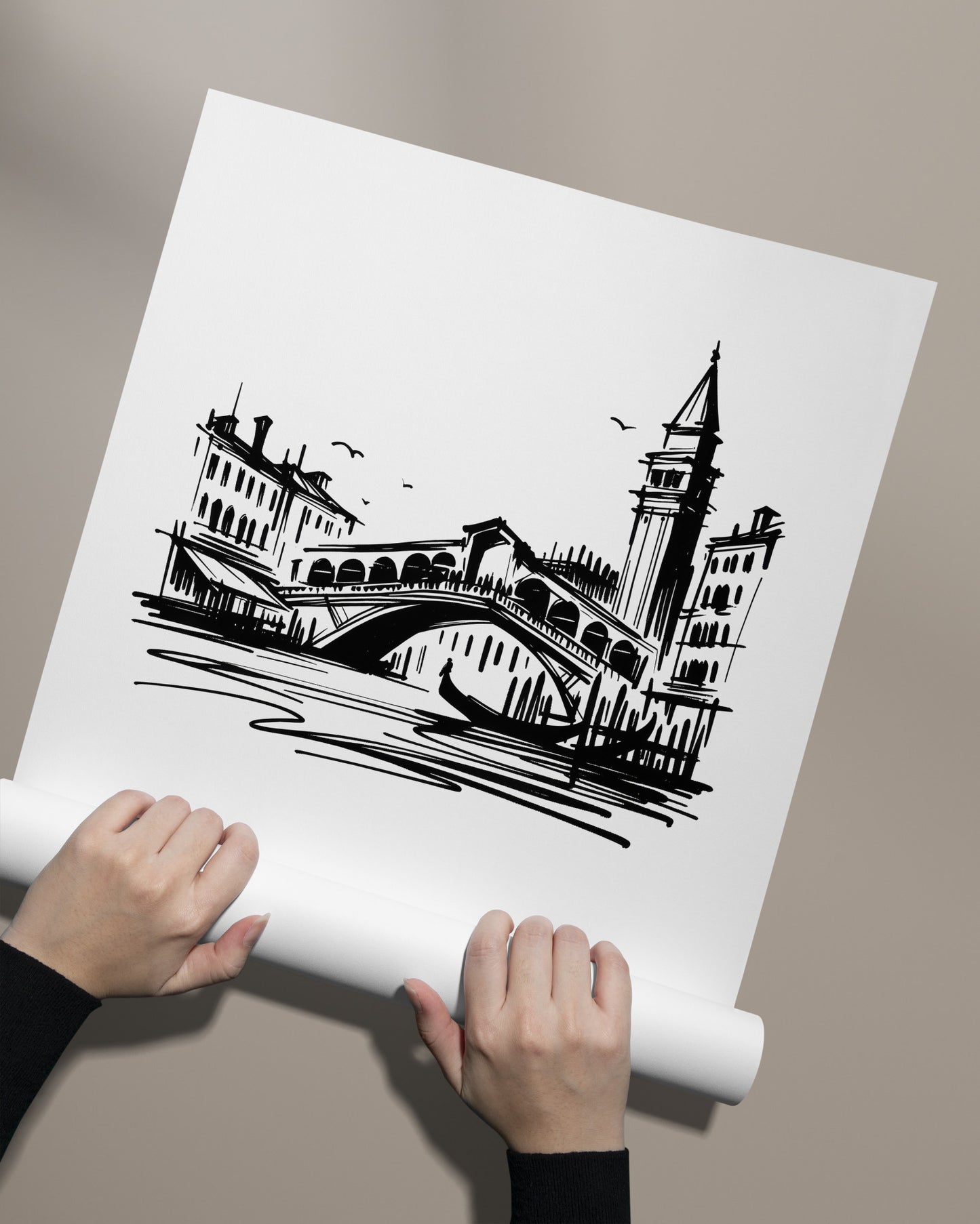 Venice Poster - Black and White Sketch of Venetian Landmarks - Living Room Wall Art - Bedroom Decor - Office Poster - Unique Travel Gift