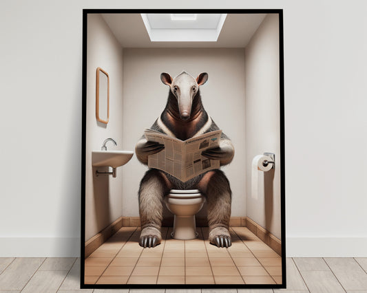 Anteater Reading Newspaper Funny Bathroom Poster - Unique WC Toilet Wall Art Decor Gag Gift