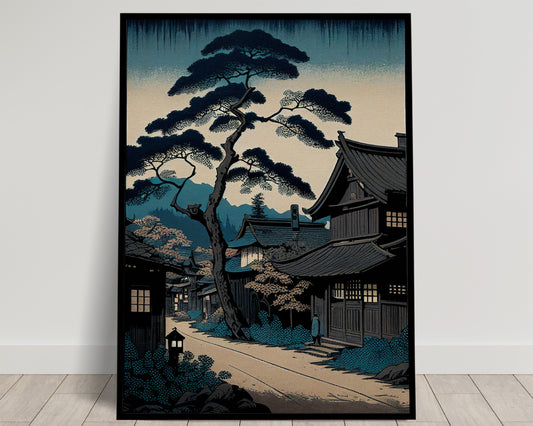 Affiche Murale Village Japonais Bleu - Poster Ukiyo-e Japon, Art Japonais Traditionnel, Impression Village Asiatique