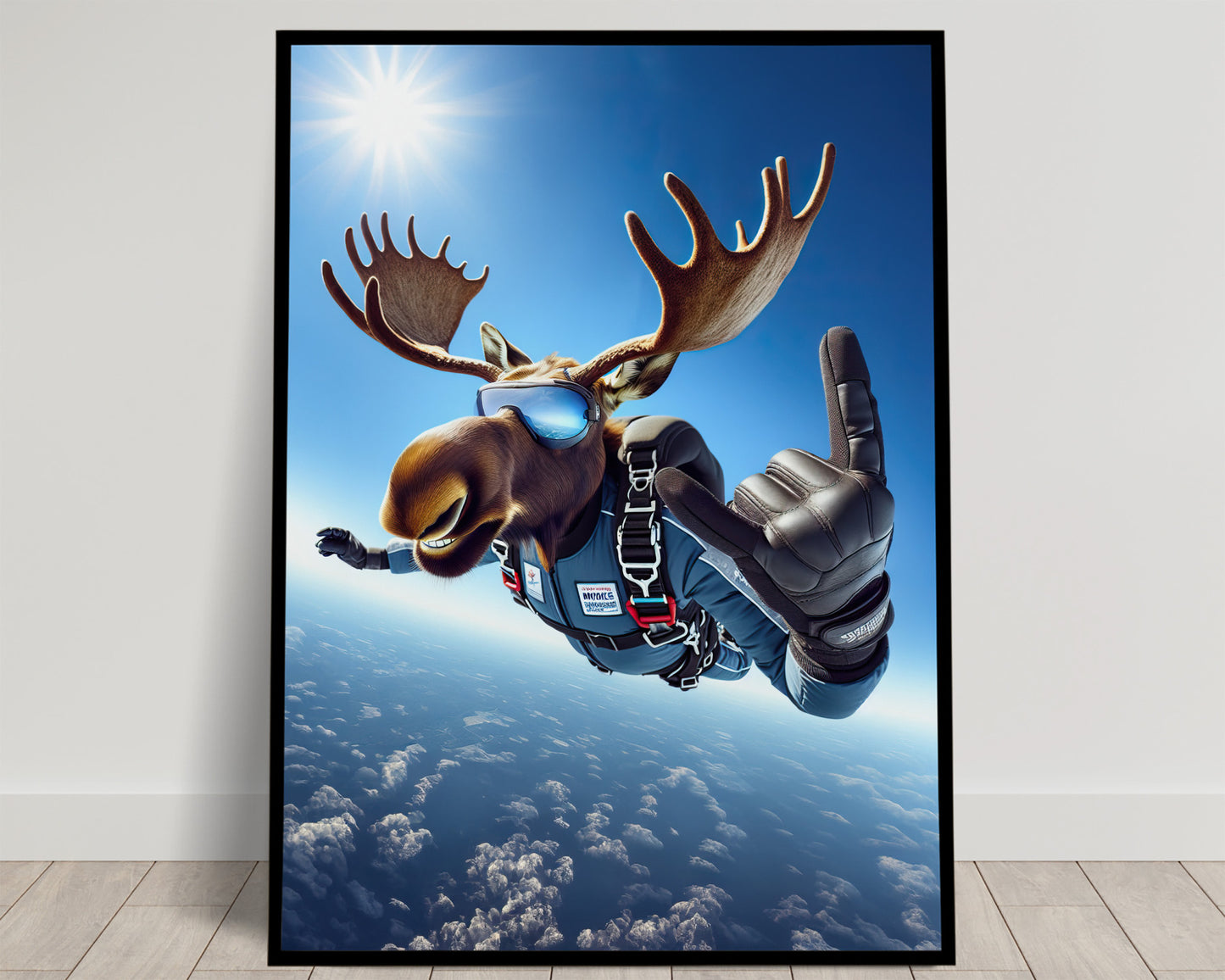 Epic Skydiving Moose Poster – Extreme Sport Animal Print Wall Art | Unique Animal Lover Gift Decor