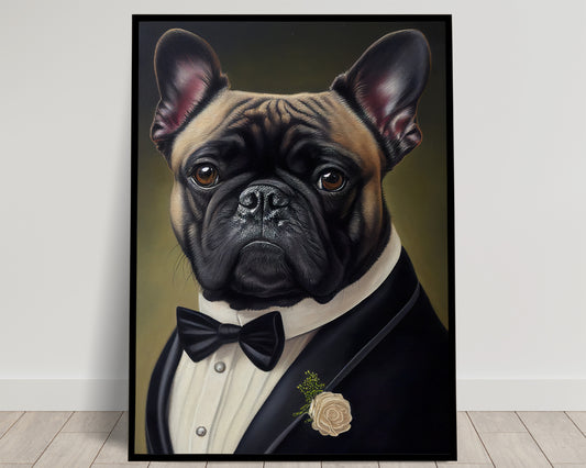 Poster chien chic - Portrait Bulldog français en smoking et tuxedo, Impression murale humoristique, Tableau déco murale