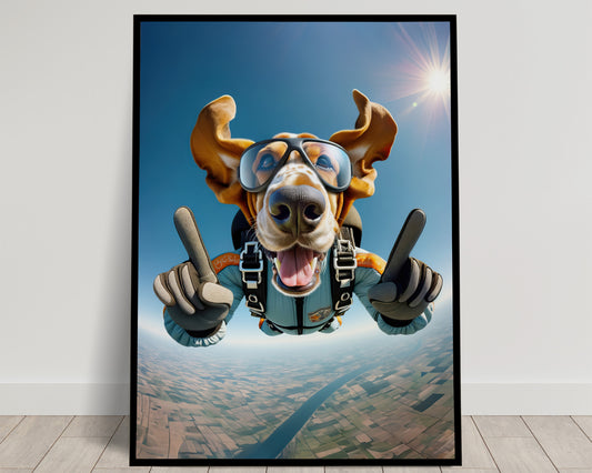 Affiche Poster Chien Basset Hound en Chute Libre, Décor Murale Sport Extrême Skydiving, Cadeau Unique