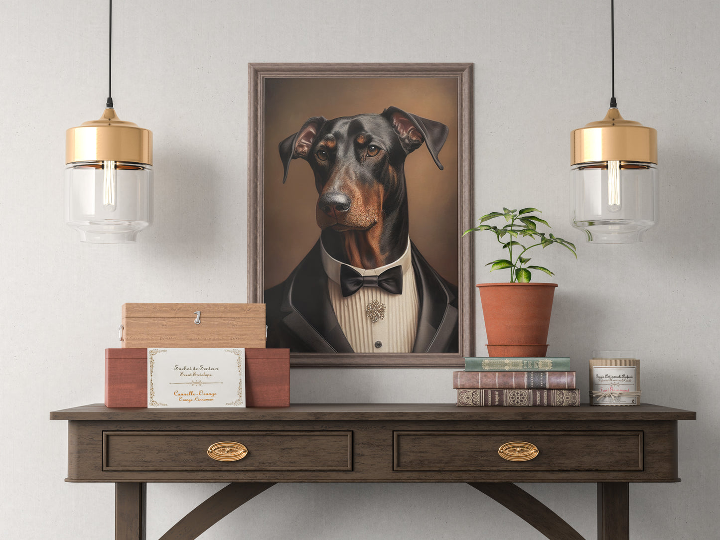 Poster chic de Doberman en smoking - Tableau humoristique pour décoration murale d'intérieur