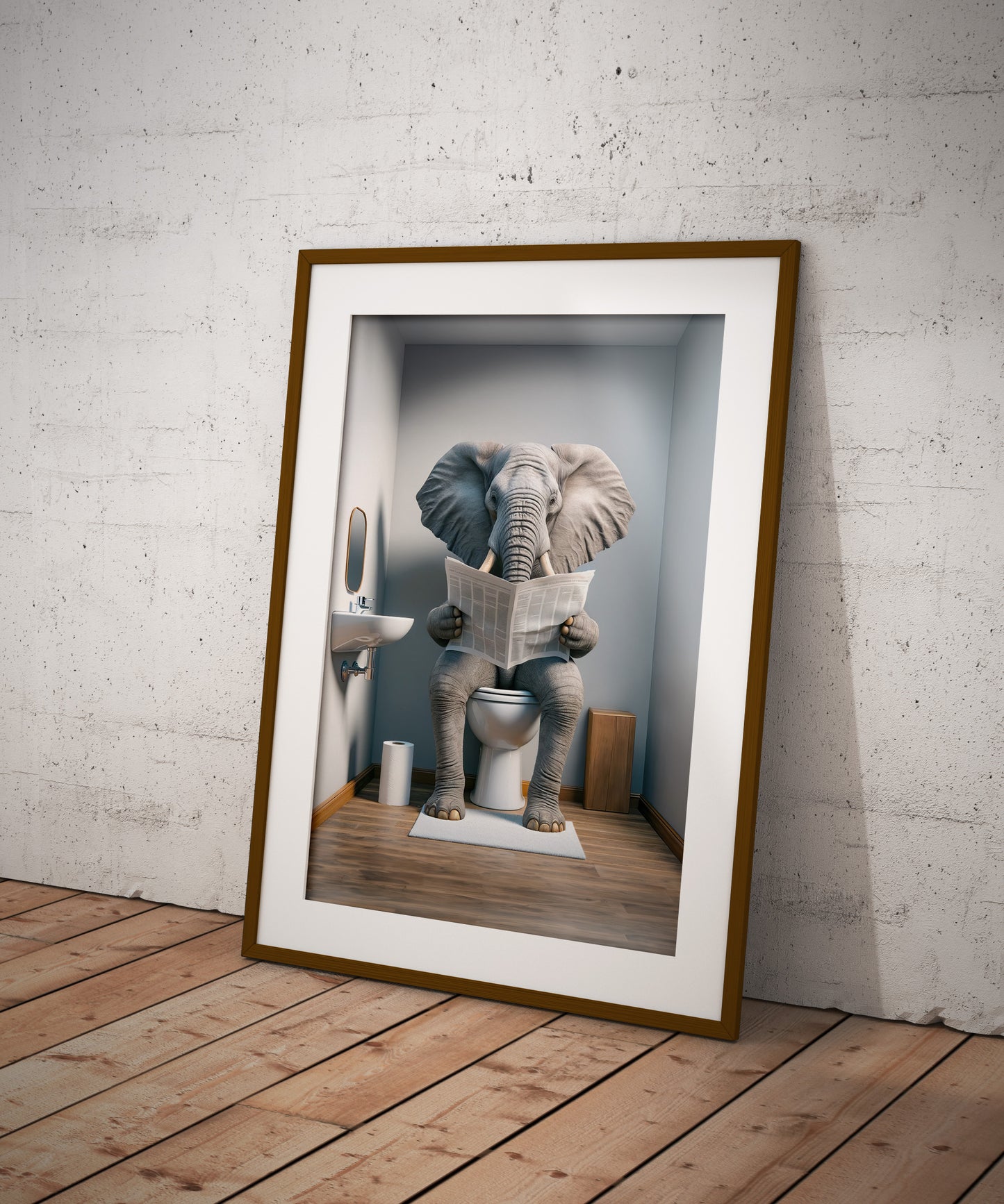 Elephant Reading Newspaper Toilet Poster - Funny Bathroom Wall Art - Unique WC Decor Gift