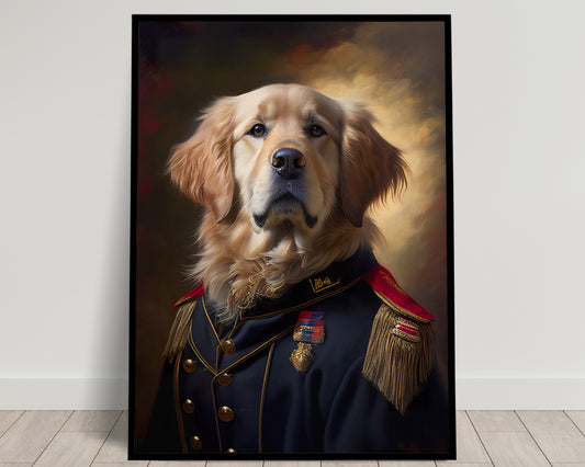 Poster Golden Retriever en Uniforme Militaire - Décoration Murale Animaux, Art Chien Héroïque, Impression Murale Chien