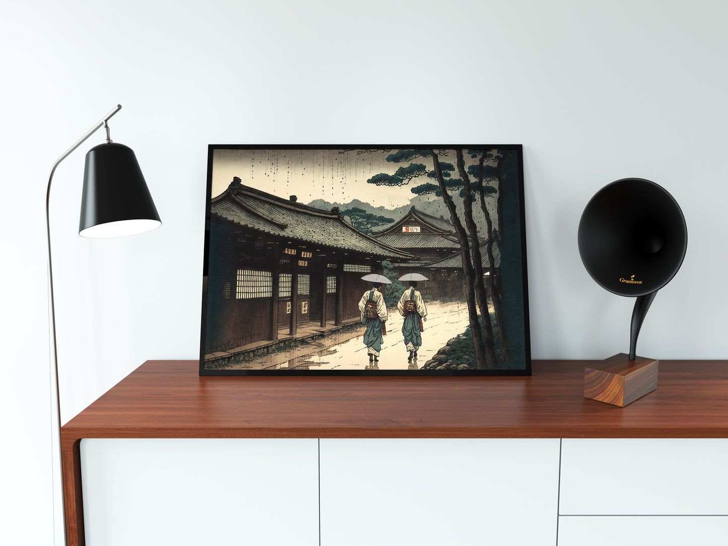 Poster de Village Japonais sous la Pluie - Illustration Art Nippon - Décoration Murale Orageuse - Affiche à Encadrer