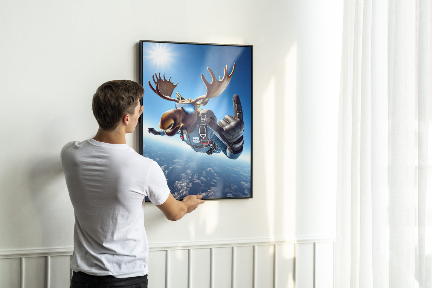 Epic Skydiving Moose Poster – Extreme Sport Animal Print Wall Art | Unique Animal Lover Gift Decor