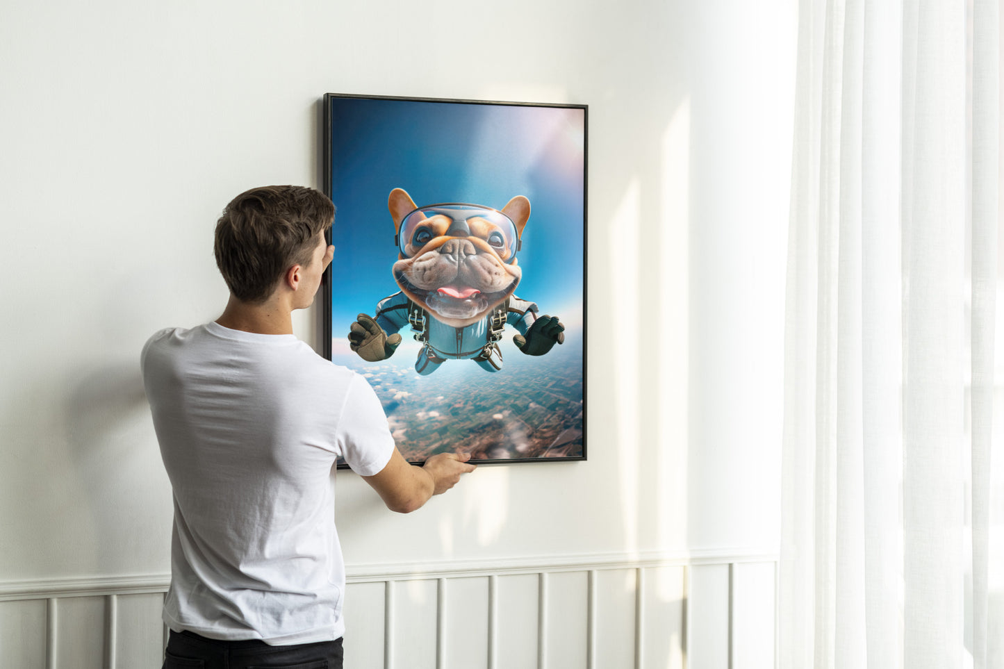 Affiche Murale de Bouledogue Français en Parachute - Poster Chien Skydiving, Décor Sport Extrême, Idée Cadeau