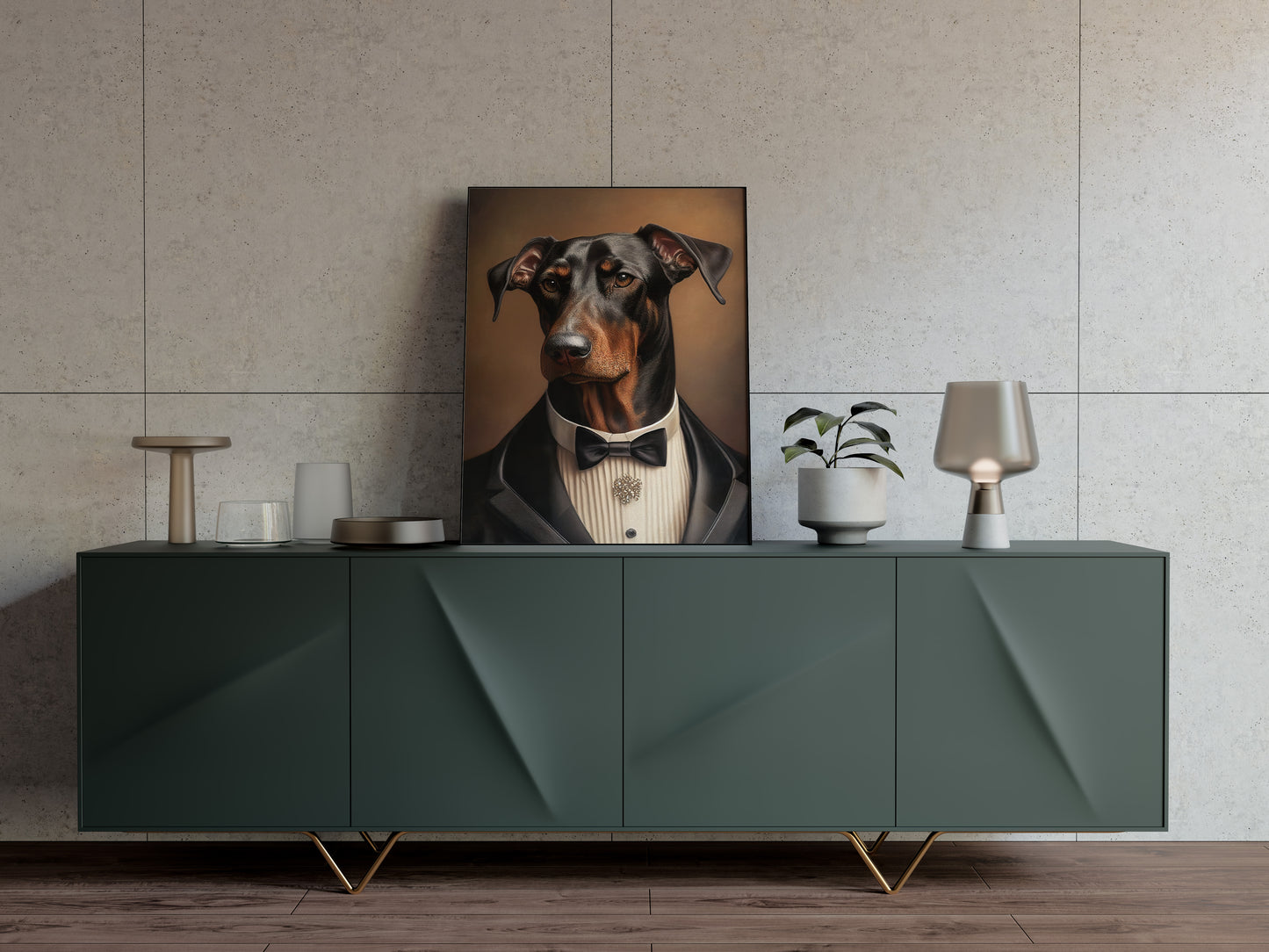 Chic Doberman Poster in Tuxedo | Humorous Dog Wall Art | Elegant Canine Decoration