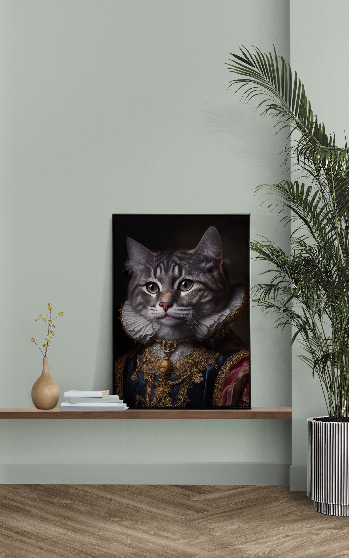 Poster à encadrer : Chat gris noble style baroque, Décoration murale féline, Affiche artistique d'animaux