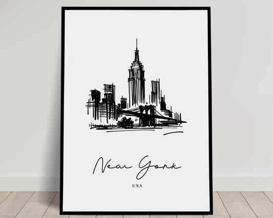 New York City Poster - Black & White Sketch of NYC Landmarks - Living Room Wall Art, Bedroom Decor, Office Poster - Unique Travel Gift