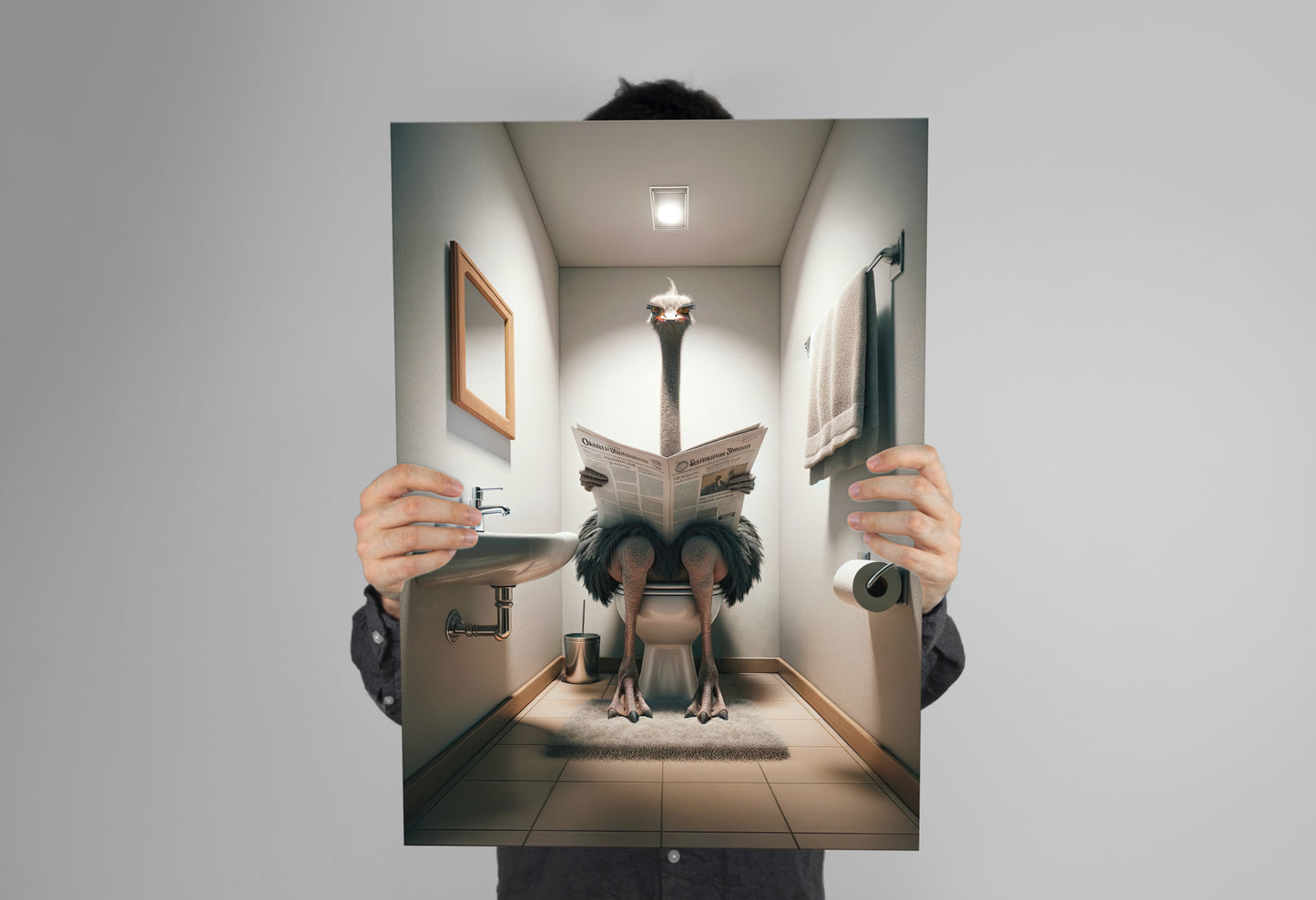 Ostrich on Toilet Reading Newspaper Poster | Funny Bathroom Decor | Wall Art for WC | Unique Gag Gift