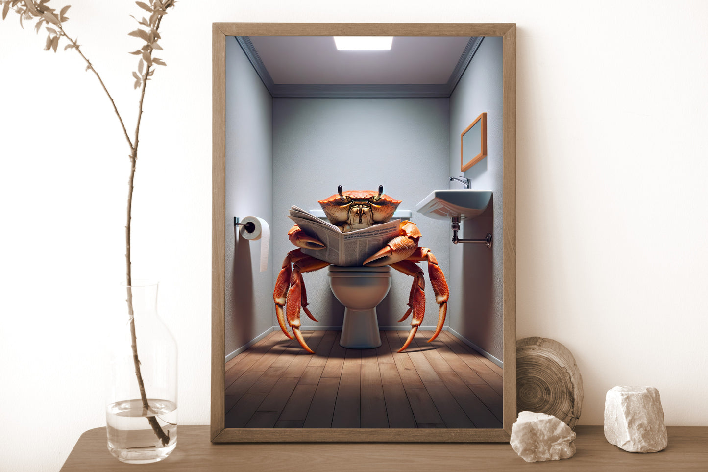 Poster Crabe lisant le journal sur les toilettes - Décoration Humour WC, Affiche Salle de Bain, Idée Cadeau Amusante