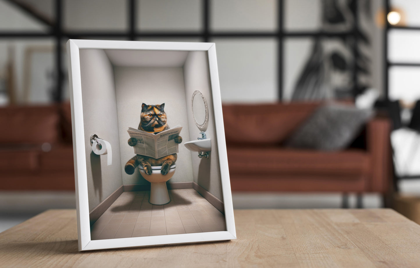 Affiche murale humour: Chat Exotic Shorthair lisant aux toilettes – Déco WC & Salle de bain